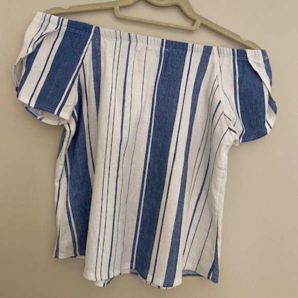 Blue and White Stripe Off the Shoulder Top - Picture 1 of 4